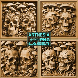 4 Skull Mushroom 3D illusion PNG Laser burn file, Digital Relief Design, Engraved File, Laser, Lightburn File