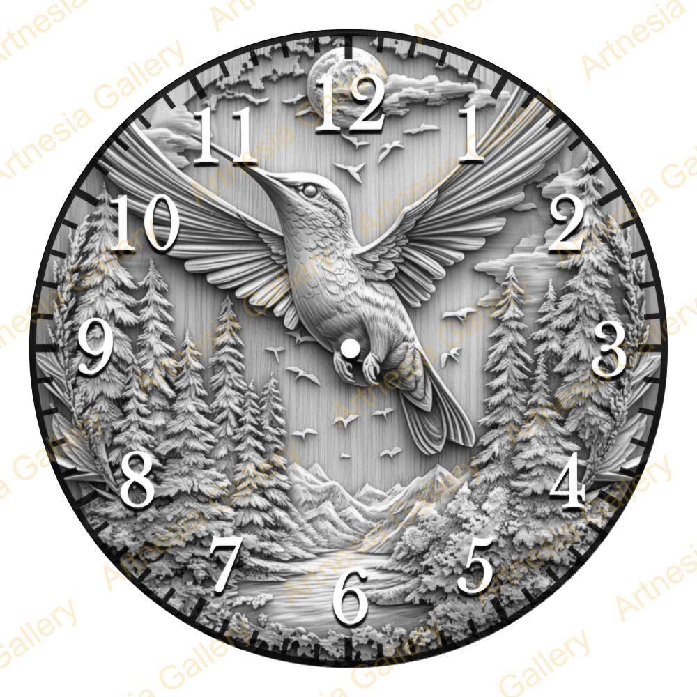 Hummingbird 3D Illusion Clock Template: Laser Engraved PNG (digital ...