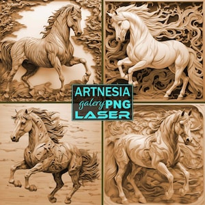 Arquivo de gravação a laser PNG de ilusão 3D de 4 cavalos V2, design de relevo digital, arquivo gravado, laser, arquivo lightburn