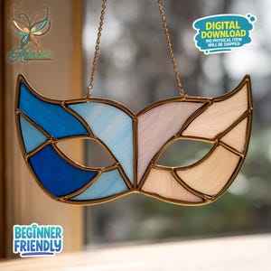 May include: Stained glass mask in shades of blue and cream, with gold-colored metal framing. The mask is suspended by a delicate chain. The image includes the text "Digital Download" and "Beginner Friendly".