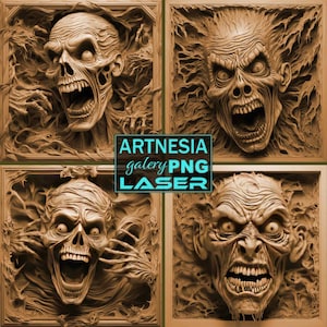 4 Zombie 3D illusion PNG Laser burn file, Digital Relief Design, Engraved File, Laser, Lightburn File