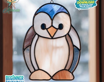 Pinguïn gebrandschilderd glaspatroon, pinguïn suncatcher, woondecoratie, suncatcher, knutselcadeau, glas-in-loodkunst, kunst aan de muur, dier hangend decor