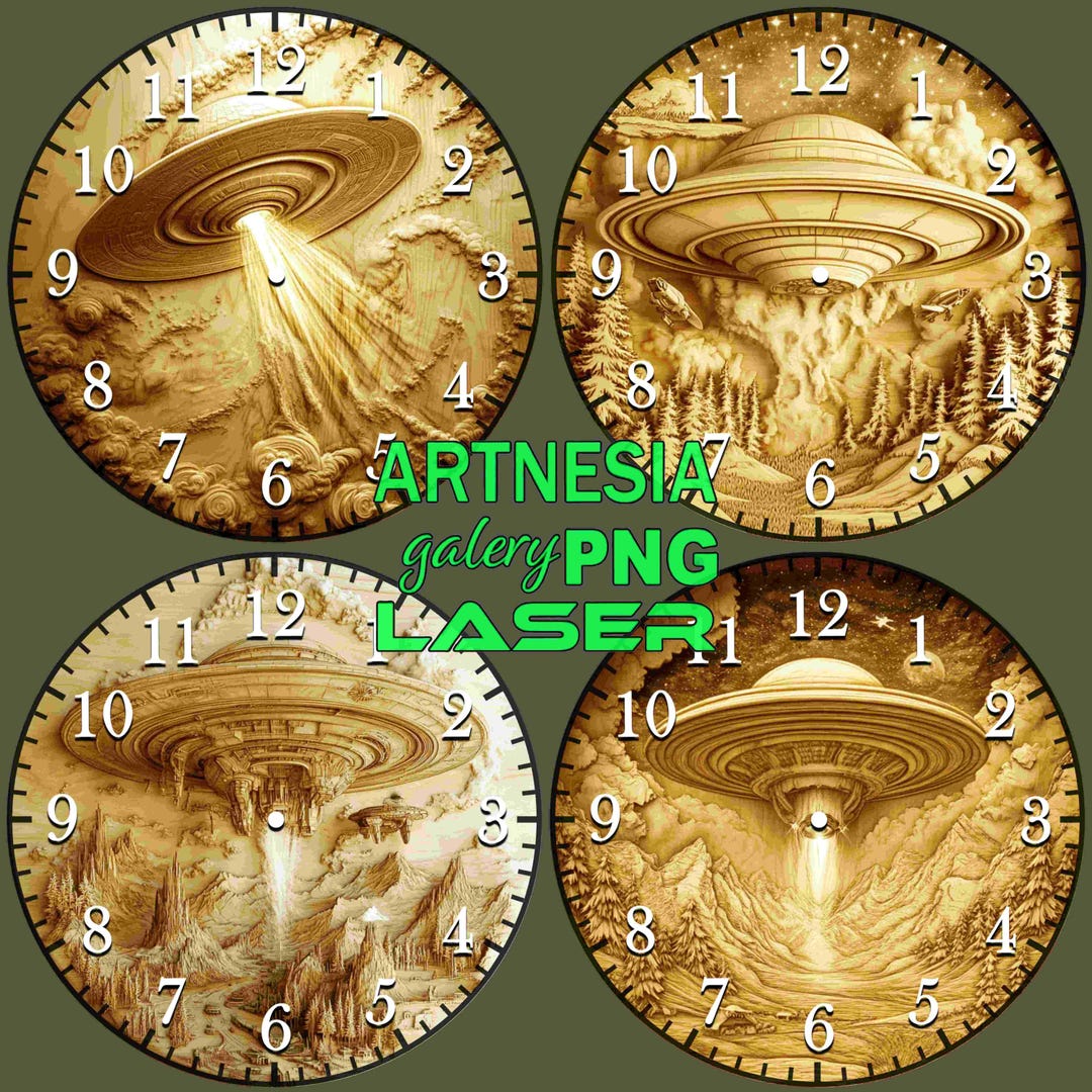 4 UFO 3D Illusion Clock Template PNG Laser Burn File, Digital Relief ...