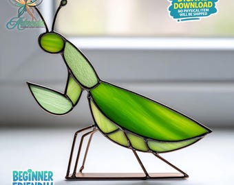 Patrón de vitral de mantis religiosa, atrapasol de mantis religiosa, decoración del hogar, atrapasol, regalo artesanal, arte de vitral, arte mural, decoración