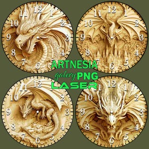 4 Dragon 3D illusion Clock Template PNG Laser burn file, Digital Relief Design, Clock Engraved File, Laser, Lightburn File