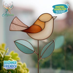 May include: A stained glass bird with a brown, tan, and white body, pink wing, and a teal leaf stem. The image includes the text "DIGITAL DOWNLOAD NO PHYSICAL ITEM WILL BE SHIPPED" and "BEGINNER FRIENDLY".