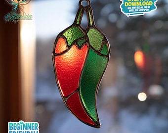 Chili Pepper Stained Glass Pattern, Chili Suncatcher, Pepper Stained Glass, Suncatcher Template, Home Decor, Gardener Gift, Wall Art
