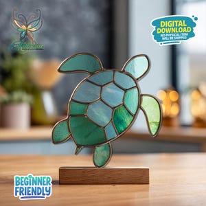 May include: A stained glass turtle sculpture in shades of green and blue, mounted on a wooden base. The turtle has a segmented shell design. The image includes the text "DIGITAL DOWNLOAD" and "BEGINNER FRIENDLY".