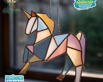 Colorful Unicorn Stained Glass Pattern, Pegasus Suncatcher, horse Stained Glass, Suncatcher Template, Home Decor, Crafting Gift, Wall Art