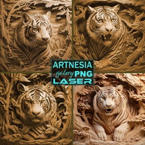 4 Tiger V2 3D illusion PNG Laser burn file, Digital Relief Design, Engraved File, Laser, Lightburn File