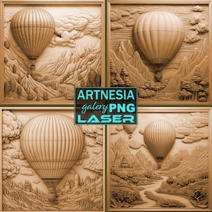 4 Hot Air Balloon 3D illusion PNG Laser burn file, Digital Relief Design, Engraved File, Laser, Lightburn File