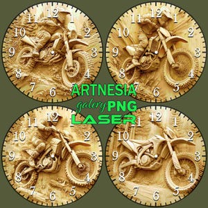 4 Motocross 3D illusion Clock Template PNG Laser burn file, Digital Relief Design, Clock Engraved File, Laser, Lightburn File
