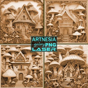 4 Mushroom House 3D illusion PNG Laser burn file, Digital Relief Design, Engraved File, Laser, Lightburn File