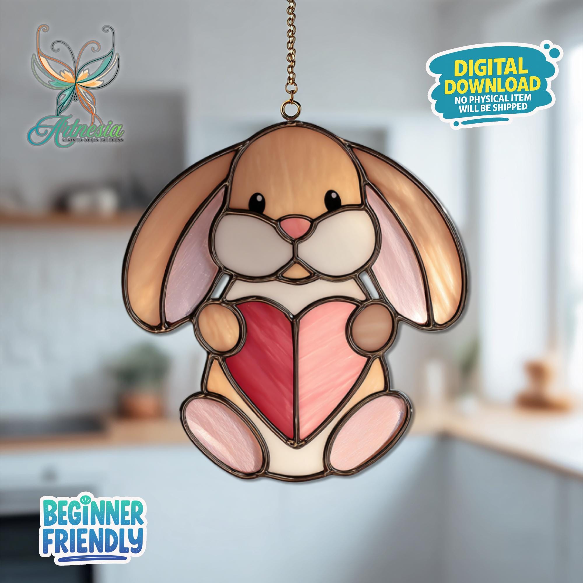 Simple Stained Glass Rabbit Rabbit and Heart Stained Glass Pattern, Bunny Suncatcher, Crafting Gift ...
