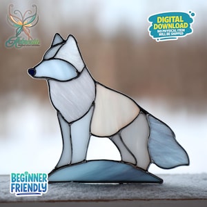 May include: Stained glass wolf figurine in shades of white, blue, and gray. The wolf is standing on a blue base. The image includes the text "DIGITAL DOWNLOAD NO PHYSICAL ITEM WILL BE SHIPPED" and "BEGINNER FRIENDLY".
