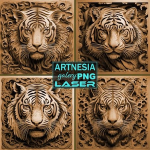 4 Tiger 3D illusion PNG Laser burn file, Digital Relief Design, Engraved File, Laser, Lightburn File