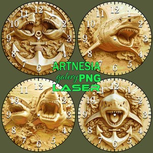 4 Shark 3D illusion Clock Template PNG Laser burn file, Digital Relief Design, Clock Engraved File, Laser, Lightburn File