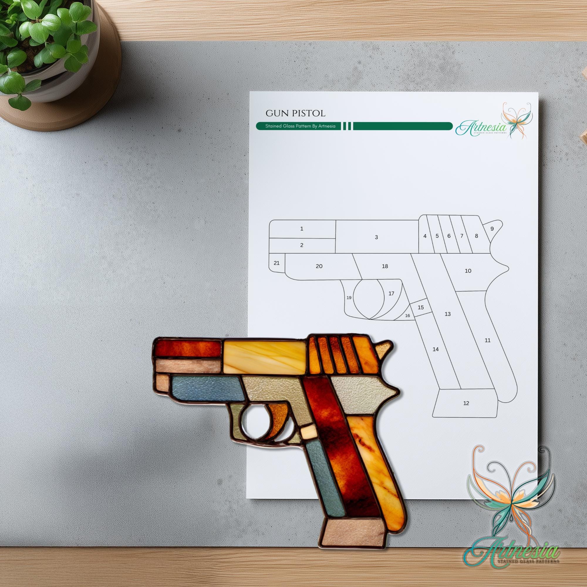 Gun Pistol Stained Glass Pattern, Pistol Suncatcher, Gun Stained Glass ...