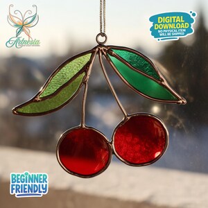 May include: Stained glass cherry design with red cherries and green leaves, framed in copper. The design is suspended by a chain. The image includes the text "Digital Download" and "Beginner Friendly".