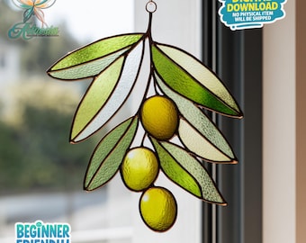 Olive Branch Stained Glass Pattern, Olive Suncatcher, Home Decor, Suncatcher, Crafting Gift, Green Glass Window, Plant Lover Gift, Wall Art