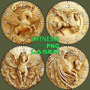 4 Pegasus 3D illusion Clock Template PNG Laser burn file, Digital Relief Design, Clock Engraved File, Laser, Lightburn File