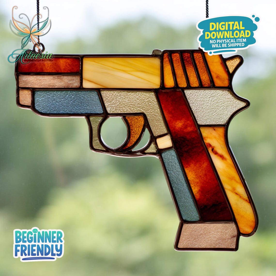 Gun Pistol Stained Glass Pattern, Pistol Suncatcher, Gun Stained Glass ...