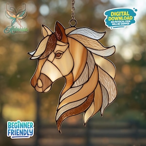 May include: Stained glass horse head with a flowing mane in shades of brown, tan, and cream. The artwork is designed with a mosaic-like pattern and is suspended by a chain. Text on the image reads "DIGITAL DOWNLOAD" and "BEGINNER FRIENDLY".