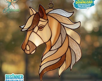 Modèle de vitrail tête de poney, attrape-soleil cheval, vitrail quine, modèle attrape-soleil, décoration d'intérieur, cadeau bricolage, art mural