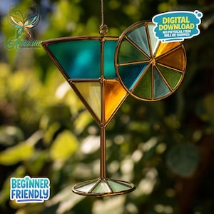 May include: Stained glass martini with a gold-colored frame. The glass is divided into sections of green, blue, yellow, and orange. A circular slice of a citrus fruit is attached to the side. The text "DIGITAL DOWNLOAD NO PHYSICAL ITEM WILL BE SHIPPED" is visible.
