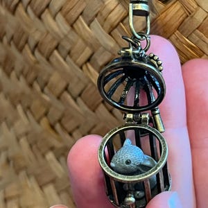 May include: A bronze-colored metal pendant featuring a small, detailed cage with a gray bunny figurine inside. The cage is open at the top and has a hinged door. The pendant is attached to a bronze-colored metal clasp.