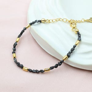 Black Uncut Tumble Diamond Bracelet 18K Gold Raw Rough Diamond Beads Bracelet 925 Sterling Silver Black Uncut Diamond Jewelry Gift For Her