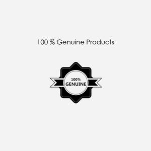 May include: Black and white graphic of a starburst shape with a ribbon and the text "100% GENUINE" inside. The text "100% Genuine Products" is above the graphic.
