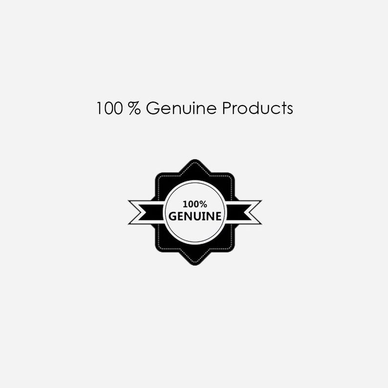 May include: Black and white graphic of a starburst shape with a ribbon and the text "100% GENUINE" inside. The text "100% Genuine Products" is above the graphic.