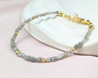 18k Gold Filled Gray Raw Diamond Bracelet: Sterling Silver Beaded Jewelry