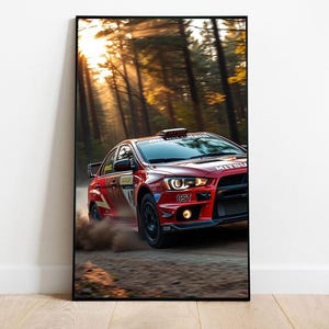 May include: A red rally car with black and yellow accents drives through a forest. The car has the text "Mitsubishi" and "CST" on it.