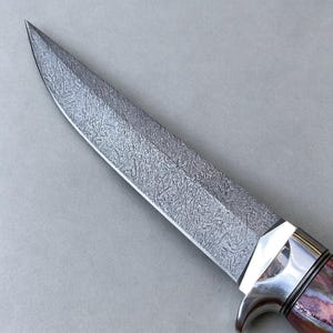 May include: A fixed-blade knife featuring a pointed steel blade with a distinct, intricate, etched crystalline pattern across its surface. The blade connects to a polished silver-colored metal bolster and a handle with reddish-brown tones.