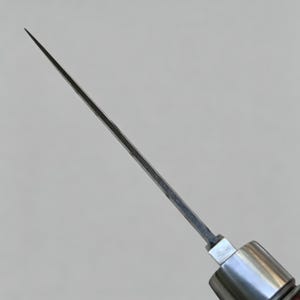 May include: A sharp, thin, metallic blade extending from a cylindrical handle. The blade is silver-toned with a pointed tip and a straight edge, showing a visible transition point where it connects to the smooth, polished metal bolster of the handle.