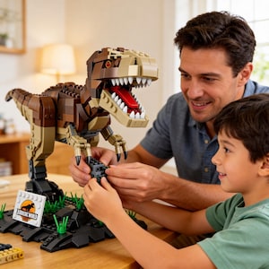 Könnte beinhalten: Ein braun-beiges Kunststoff-Klemmbaustein-Modell eines Tyrannosaurus Rex mit geöffnetem Maul, roter Zunge und weißen Zähnen. Die Figur steht auf einem schwarzen Sockel mit grünen Kunststoff-Grasbüscheln und einem weißen Schild mit der Aufschrift Jurassic World.