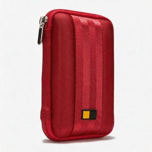 Puede incluir: Una funda rectangular roja con cremallera y tres rayas verticales en el centro. La funda tiene un pequeño emblema rectangular negro y amarillo en la parte inferior. La cremallera es plateada.