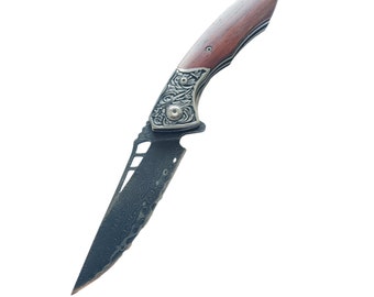 Damascus Pocket Knife for Men, VG10 Core Damascus Steel Folding Knife with Sheath, Wood Handle, Liner Lock, Ball Bearing, Thumb Hole