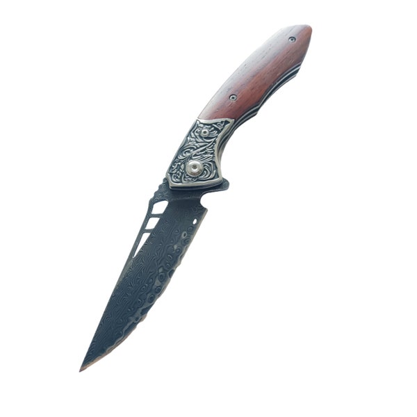 Damascus Pocket Knife for Men, VG10 Core Damascus Steel Folding Knife with Sheath, Wood Handle, Liner Lock, Ball Bearing, Thumb Hole