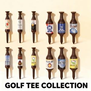 Könnte beinhalten: Eine Sammlung brauner Golf-Tees in Form von Bierflaschen, jede mit einem anderen Etikettendesign. Die Etiketten zeigen Texte wie "PAR BEER", "Hide on Bush" und "Twisted Tee". Der Text "GOLF TEE COLLECTION" befindet sich unten.