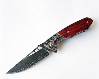 Damascus Pocket Knife for Men, VG10 Core Damascus Steel Folding Knife with Sheath, Wood Handle, Liner Lock, Ball Bearing, Thumb Hole