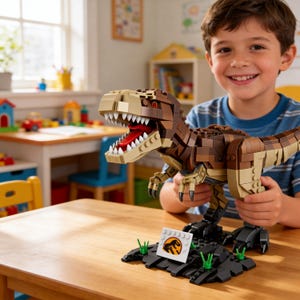Puede incluir: Un modelo de dinosaurio Tyrannosaurus Rex LEGO marrón y beige con boca roja y dientes blancos. El modelo está sobre una base negra con un pequeño letrero con un logotipo. El dinosaurio está sobre una mesa de madera.
