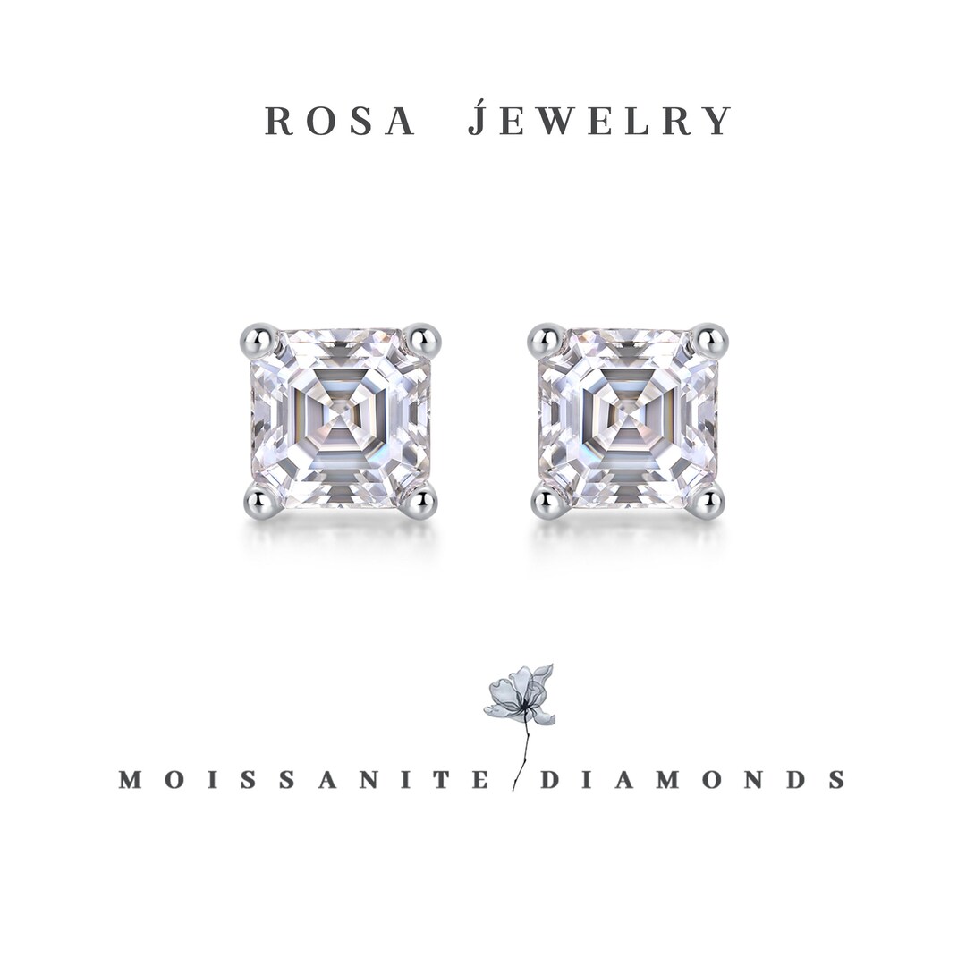 Moissanite Lab Diamond Earrings Square Asscher Princess Cut Formal Stud
