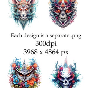 Puede incluir: Conjunto de cuatro impresiones de arte digital que presentan ilustraciones coloridas y detalladas de un lobo, una calavera, un búho y una calavera con flores. Cada impresión tiene 3968 x 4864 píxeles y 300 ppp.