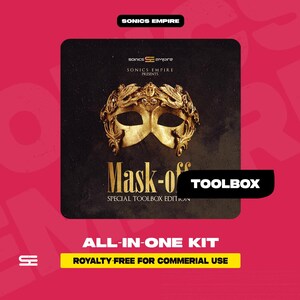 Peut inclure: Graphique carré avec un masque doré sur fond noir. Le texte "Mask-off" et "TOOLBOX" sont visibles. Le graphique est placé sur un fond rose avec le texte "ALL-IN-ONE KIT" et "ROYALTY FREE FOR COMMERIAL USE".