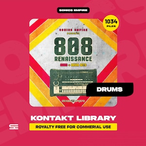 Può includere: Grafica di prodotto digitale dal design retrò. Il quadrato centrale presenta il testo "808 Renaissance" e un'illustrazione di drum machine vintage. La grafica include il testo "1034 file" e "Kontakt Library". Lo sfondo è rosso.