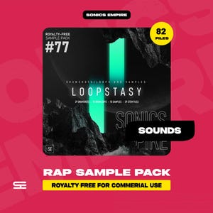 May include: A rap sample pack with the title "LOOPSTASY" on a black background with a turquoise vertical stripe. The pack includes 82 files and is royalty-free for commercial use. The background is a vibrant red.