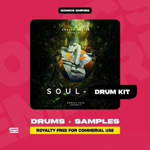 May include: A square graphic with a face design and the text "SOUL - DRUM KIT". The graphic is on a black background with the text "DRUMS + SAMPLES" and "ROYALTY FREE FOR COMMERIAL USE". The brand name "SONICS EMPIRE" is at the top.